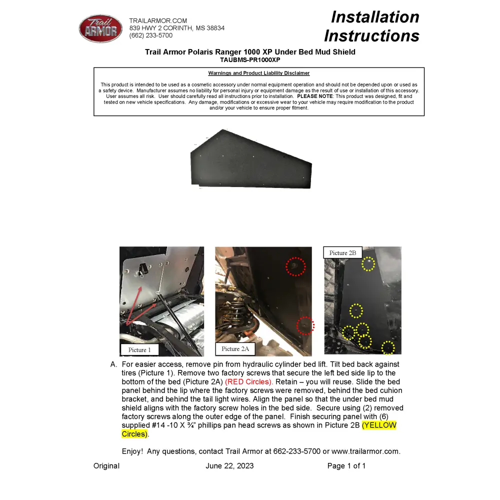 Trail Armor Ranger XP 1000 and Ranger XP 1000 Crew Underbed Mud Shield 2021 - 2024 - Mudshields