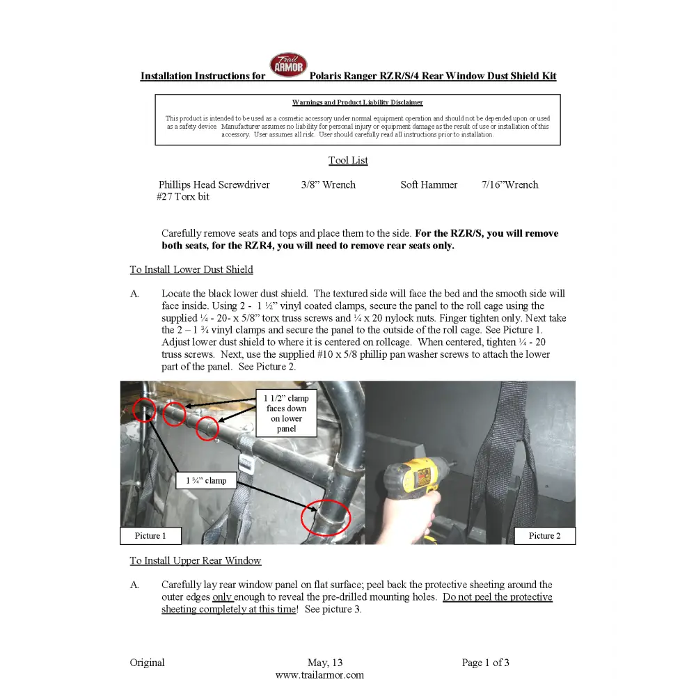 Trail Armor RZR 800 RZR S 800 RZR 570 and RZR S 570 Rear Window Dust Shield Kit - Windshields