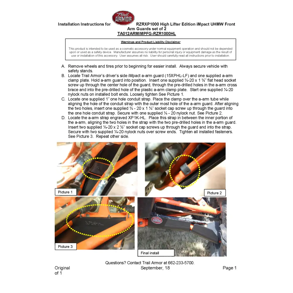 Trail Armor RZR XP 1000 RZR XP 4 1000 OEM Highlifter/Desert Edition/Trails and Rocks Arched iMpact Front A-Arm Guards