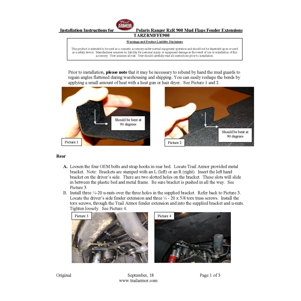 Trail Armor RZR XP 900 and RZR 4 XP 900 Mud Flap Fender Extensions fits 2011-2014 - Mudshields