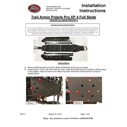 Trail Armor RZR XP Pro 4 Full Skids with Integrated Sliders or Trimmed for Extreme Kick Out Nerf Sliders - Skid Plates