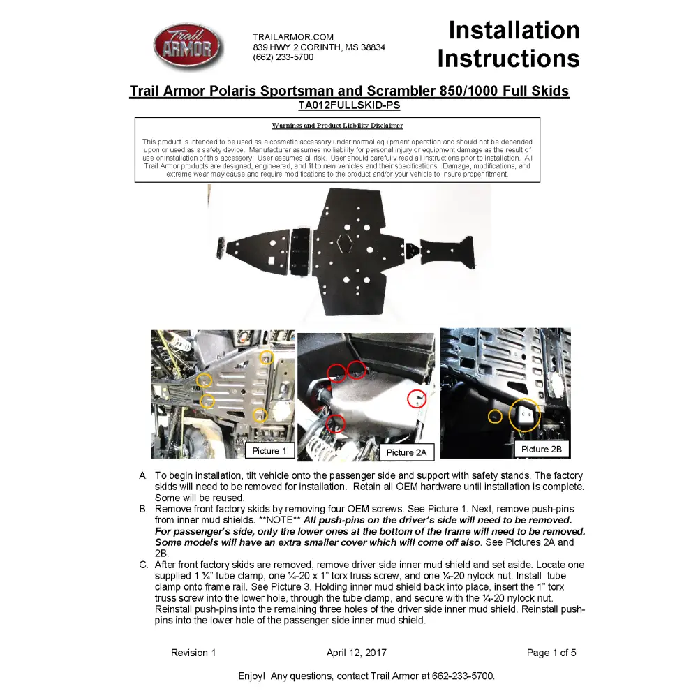 Trail Armor Sportsman 850/850 SP/1000 XP Scrambler 850/1000 XP Sportsman 850 Highlifter Sportsman XP 1000 High Lifter