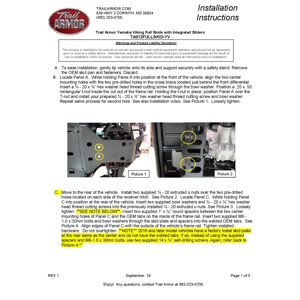 Trail Armor Yamaha Viking 700 Viking EPS Viking EPS SE Full Skids with Integrated Sliders 2014 - 2024 - Skid Plates