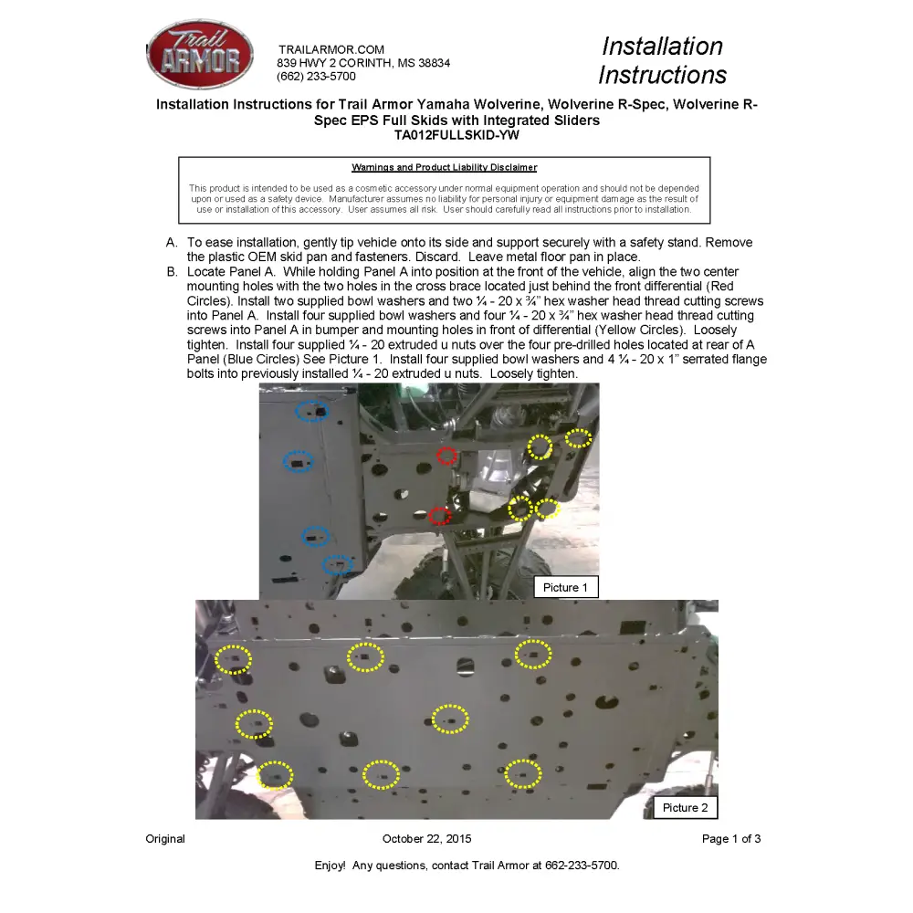 Trail Armor Yamaha Wolverine Wolverine R-Spec and Wolverine R-Spec EPS Full Skids with Slider Nerfs 2016 - 2018 - Skid