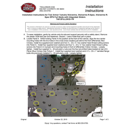 Trail Armor Yamaha Wolverine Wolverine R-Spec and Wolverine R-Spec EPS Full Skids with Slider Nerfs 2016 - 2018 - Skid