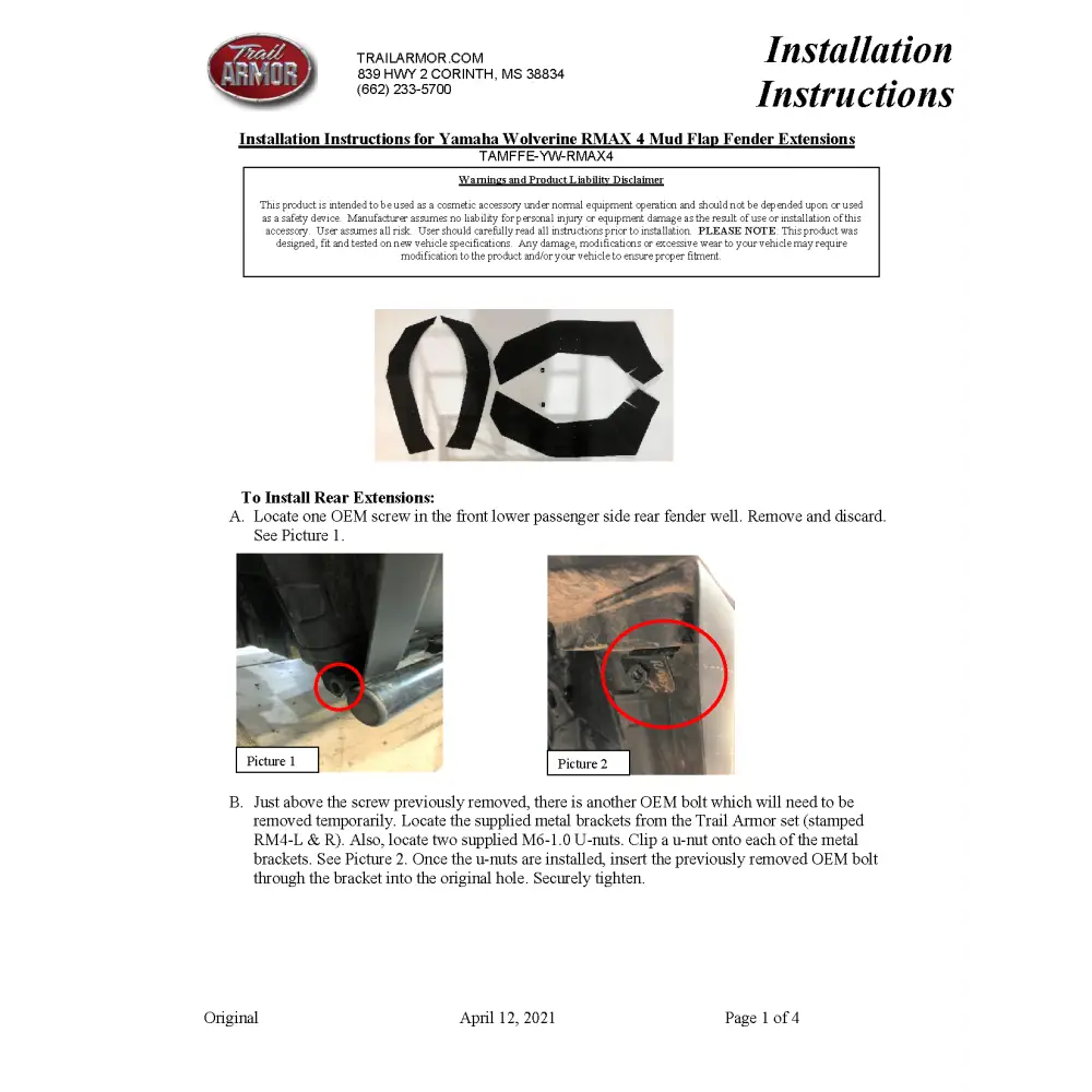 Trail Armor Yamaha Wolverine RMAX 4 Mud Flap Fender Extensions 2021 - 2024 - Mudshields