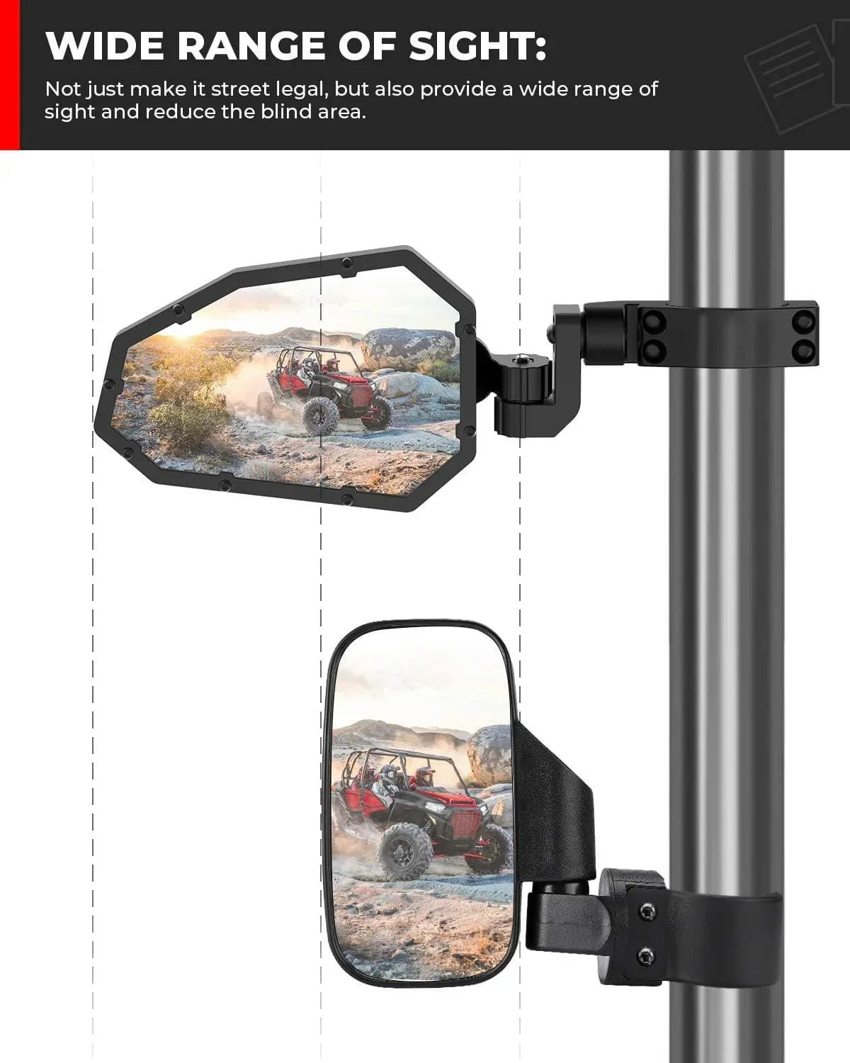 UTV 1.65’’-2’’ Rear View Mirror & 1.75’’-2’’ Adjustable Side Mirror