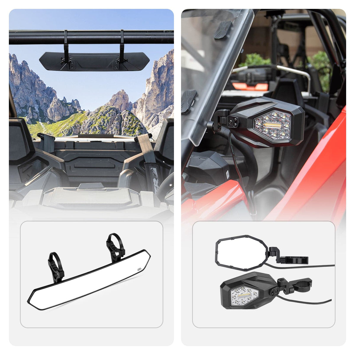 UTV 1.65’’-2’’ Tube Rear View Mirror & UTV 1.6’’-2’’ Tube LED Side Mirrors