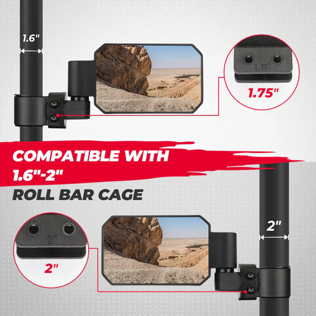 UTV Adjustable & Breakaway Rearview Side Mirrors with 1.6’’ to 2’’ Roll Bar Cage