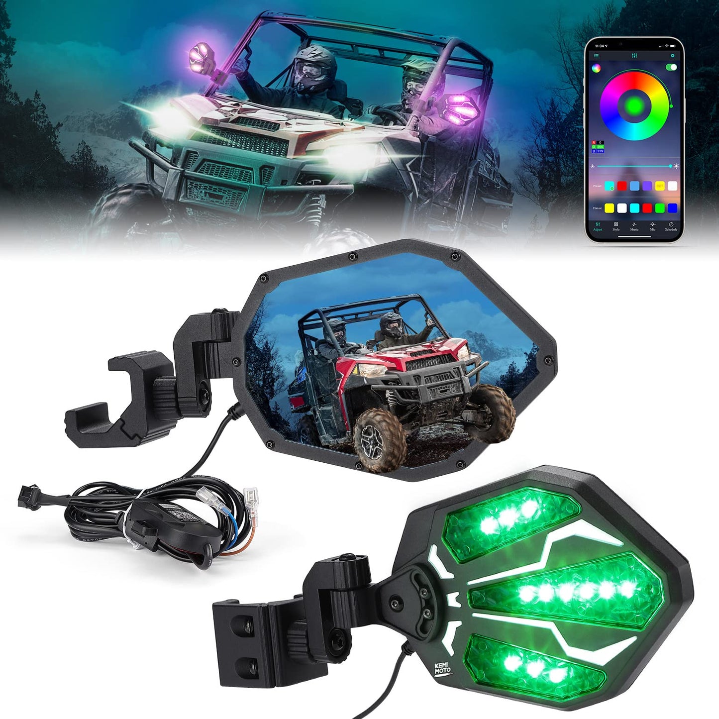 UTV Pro-Fit RGB Side Mirrors with Lights for Ranger/General/Can-Am