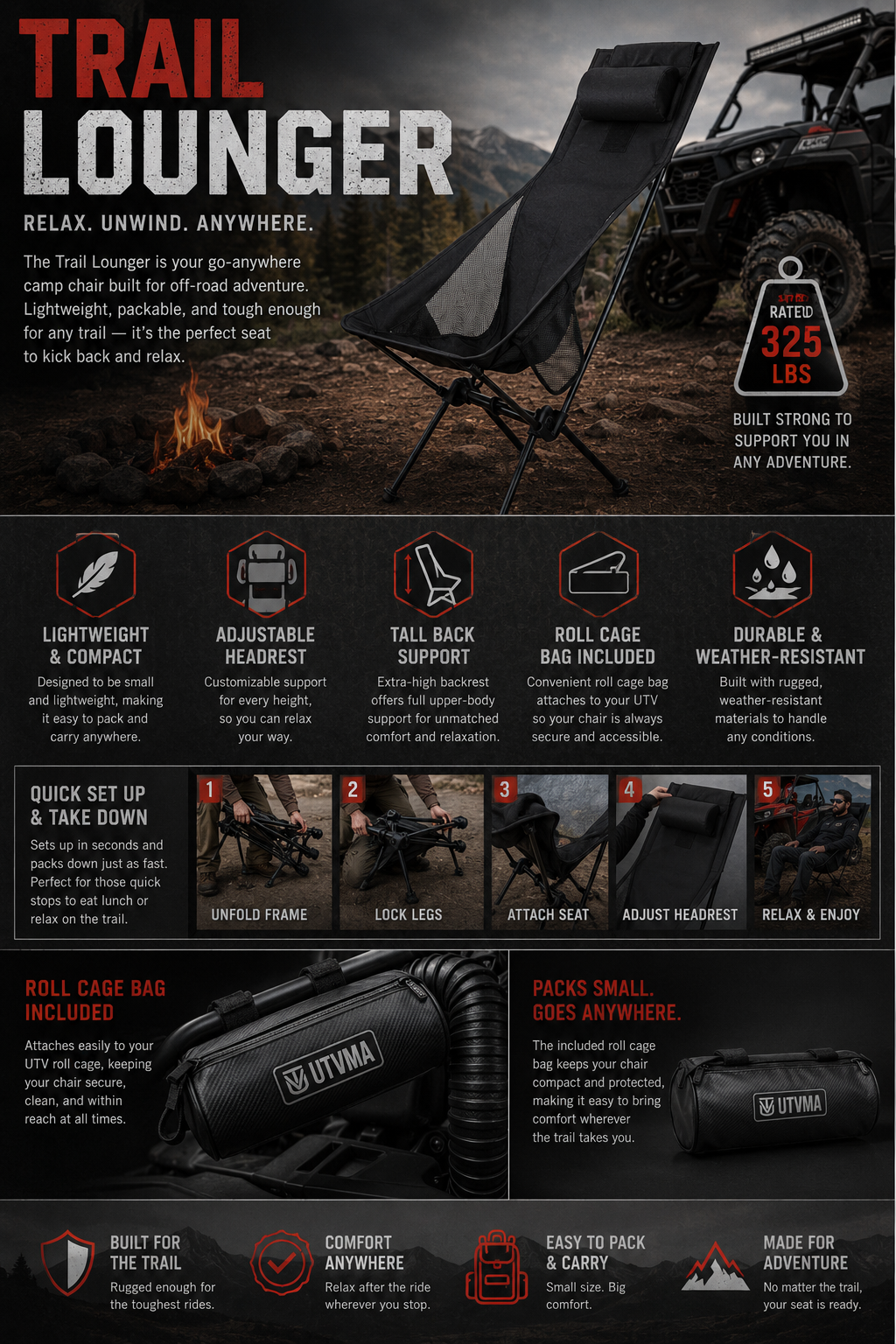 UTVMA Trail Lounger with Roll Cage Bag - Seats