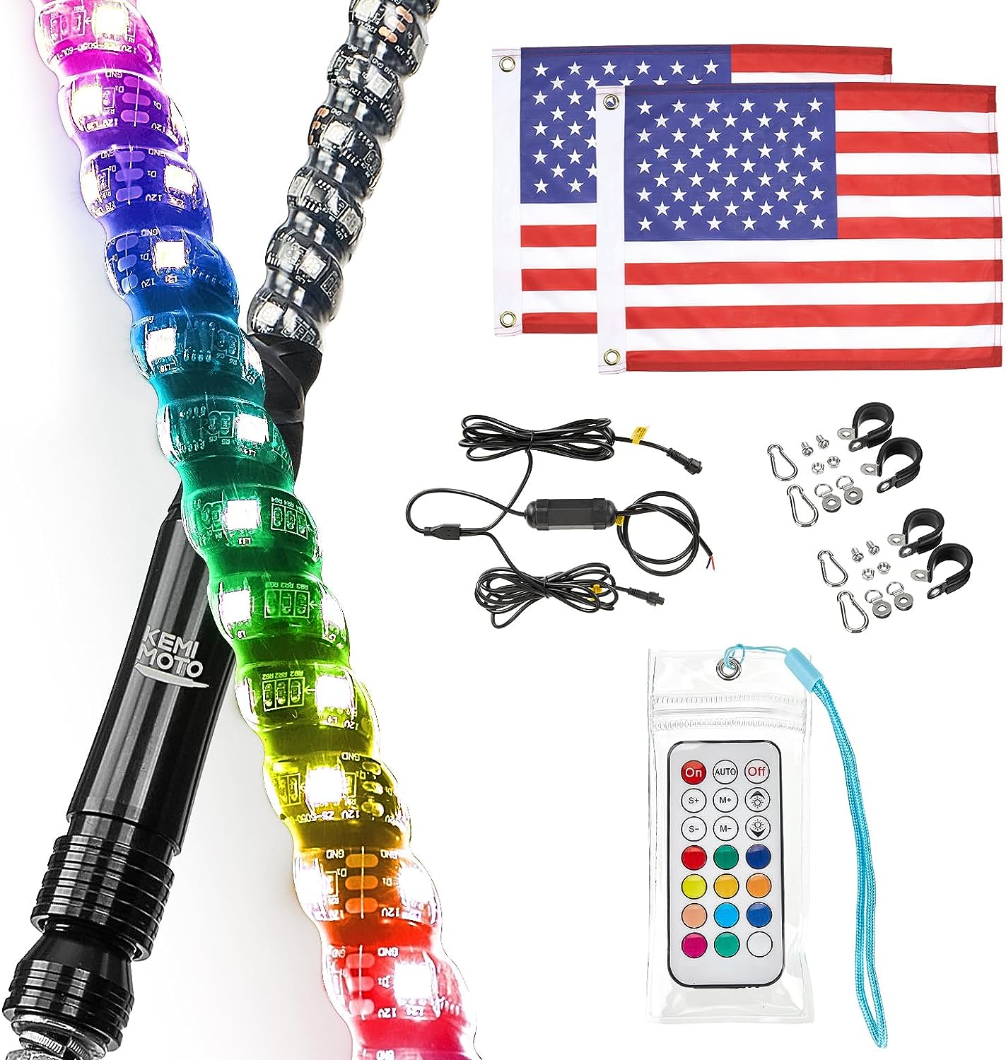 3FT Spiral Whip Light with RF Remote Control, 366 colors, 2 pcs