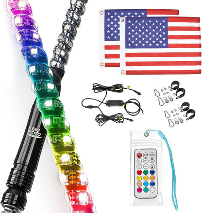 3FT Spiral Whip Light with RF Remote Control, 366 colors, 2 pcs