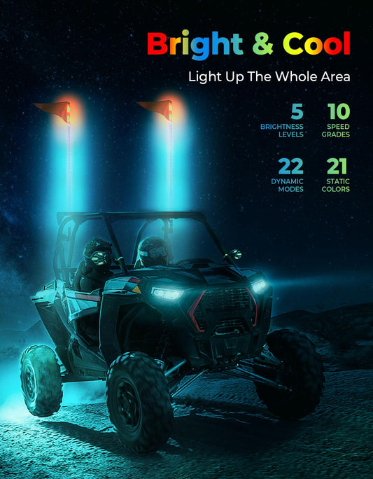 LED Whip Lights For ATV/UTV/RZR (5FT & RGB - 2Pcs)