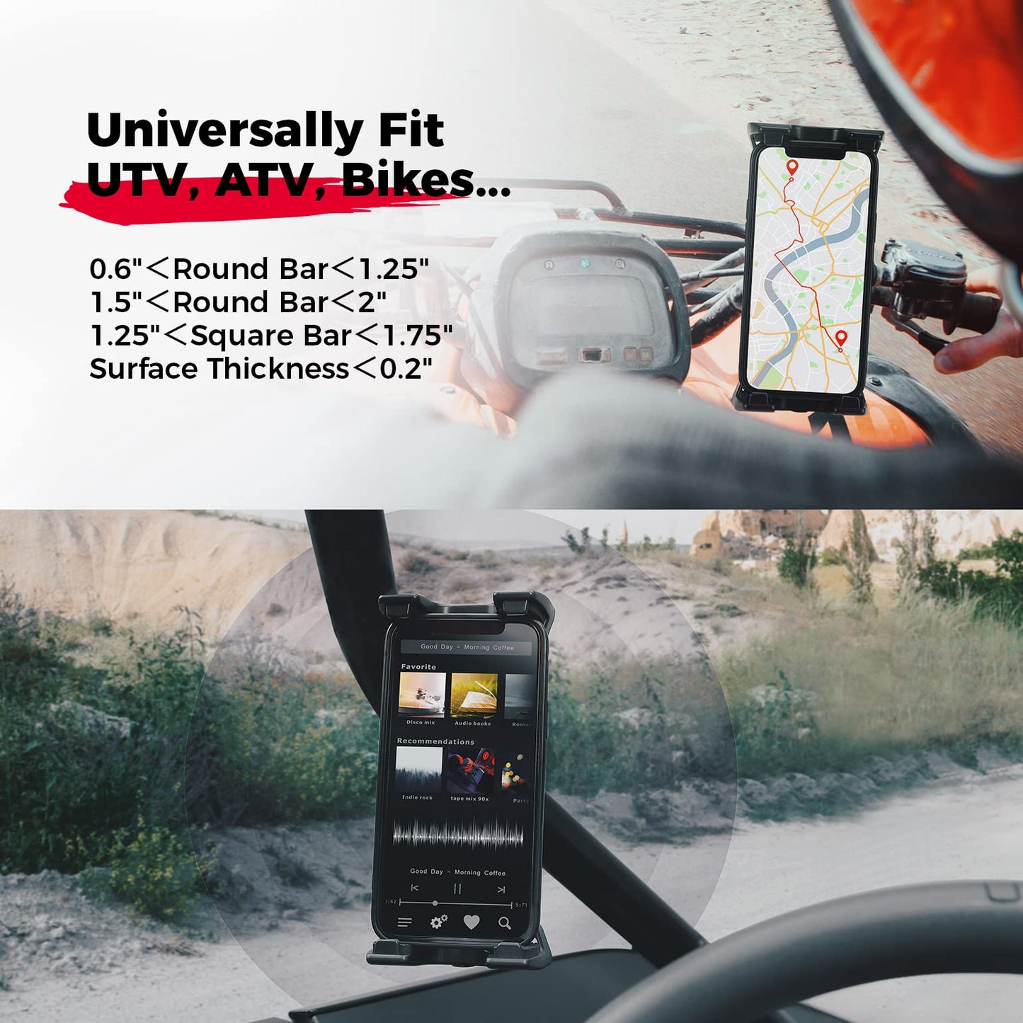 Universal Phone Holder for 0.6-1.25"/1.5-1.75" Roll Bar