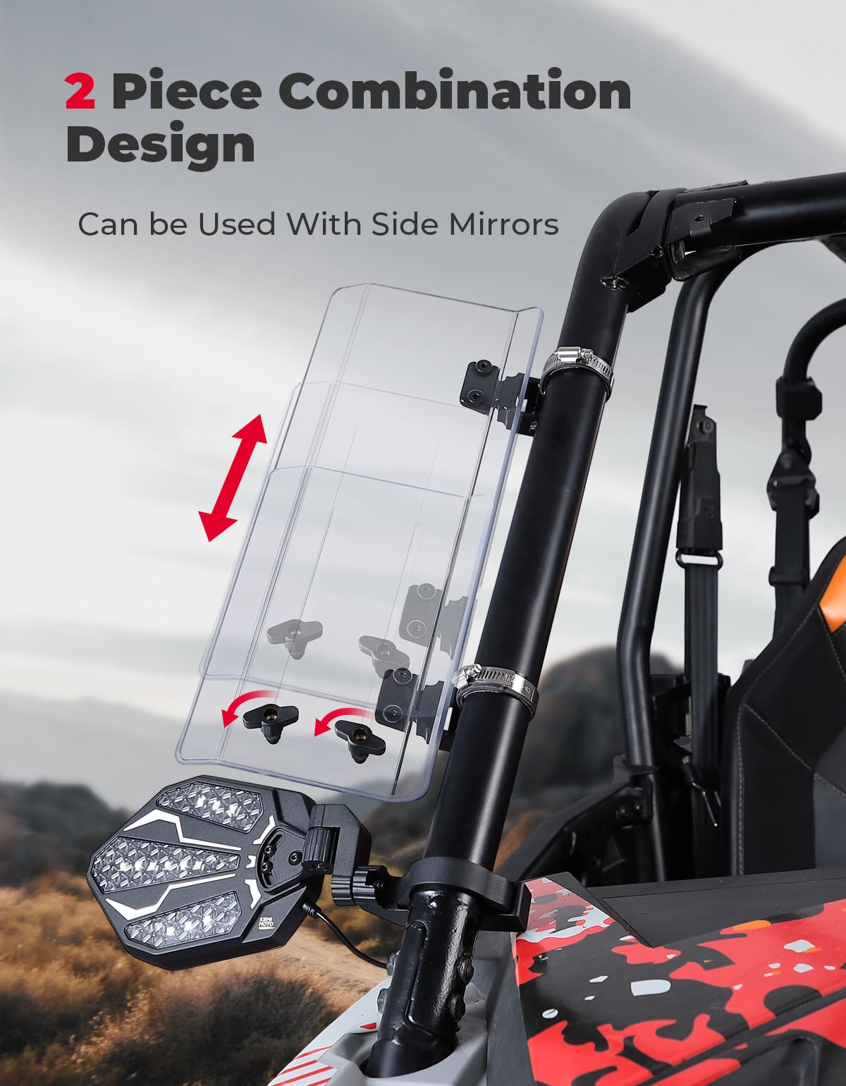 2PCS UTV Side Wind Deflectors for Can-Am / Polaris fit 1.5-2.2 inch Roll Bar